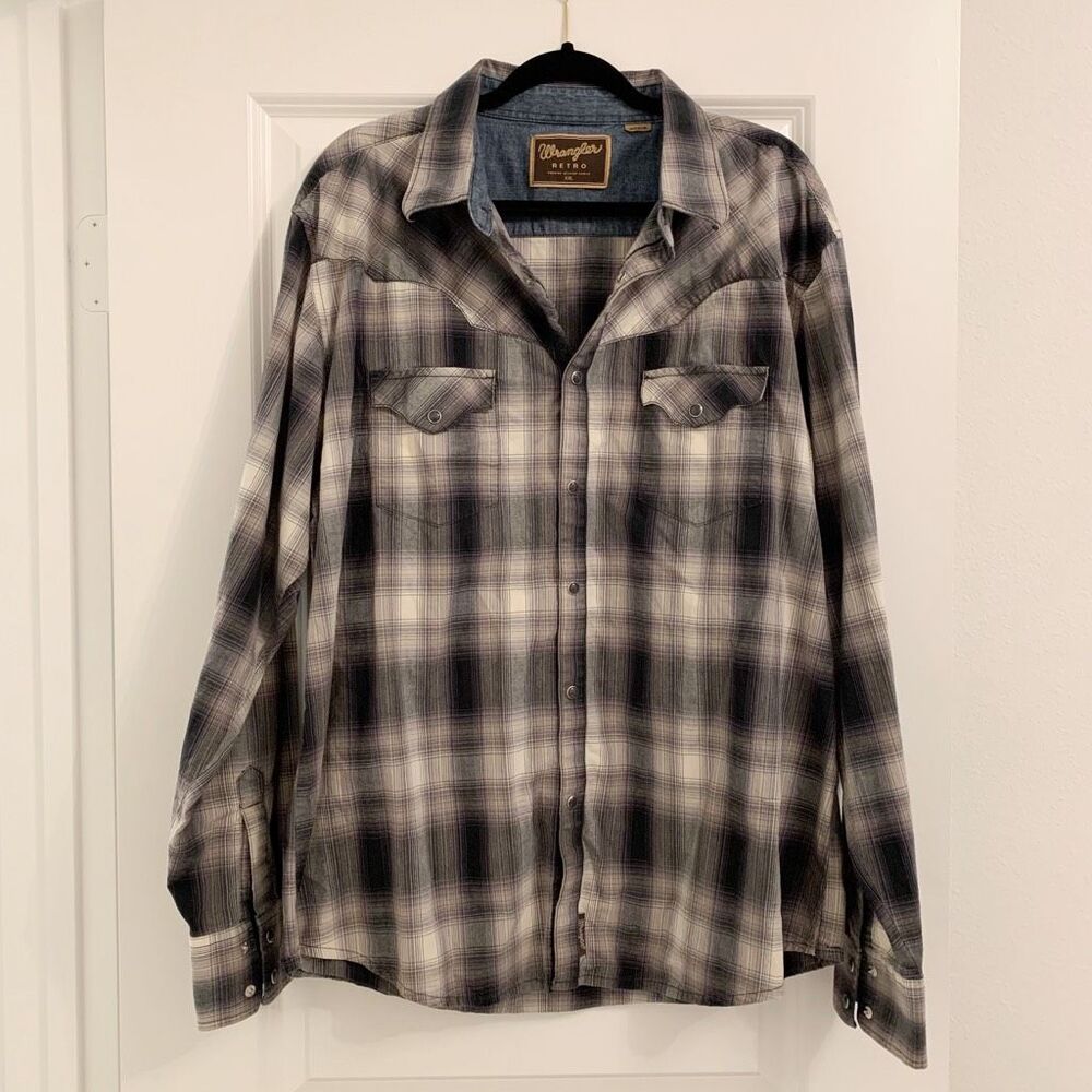 Wrangler Retro XXL Black Gray Pearl Snap LS Premium Western Shirt cotton plaid